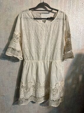 NWT Miss Kelly 1999 Cream Eyelet Crochet Mini Dress, Boho, Lace, Fairy, Bridal